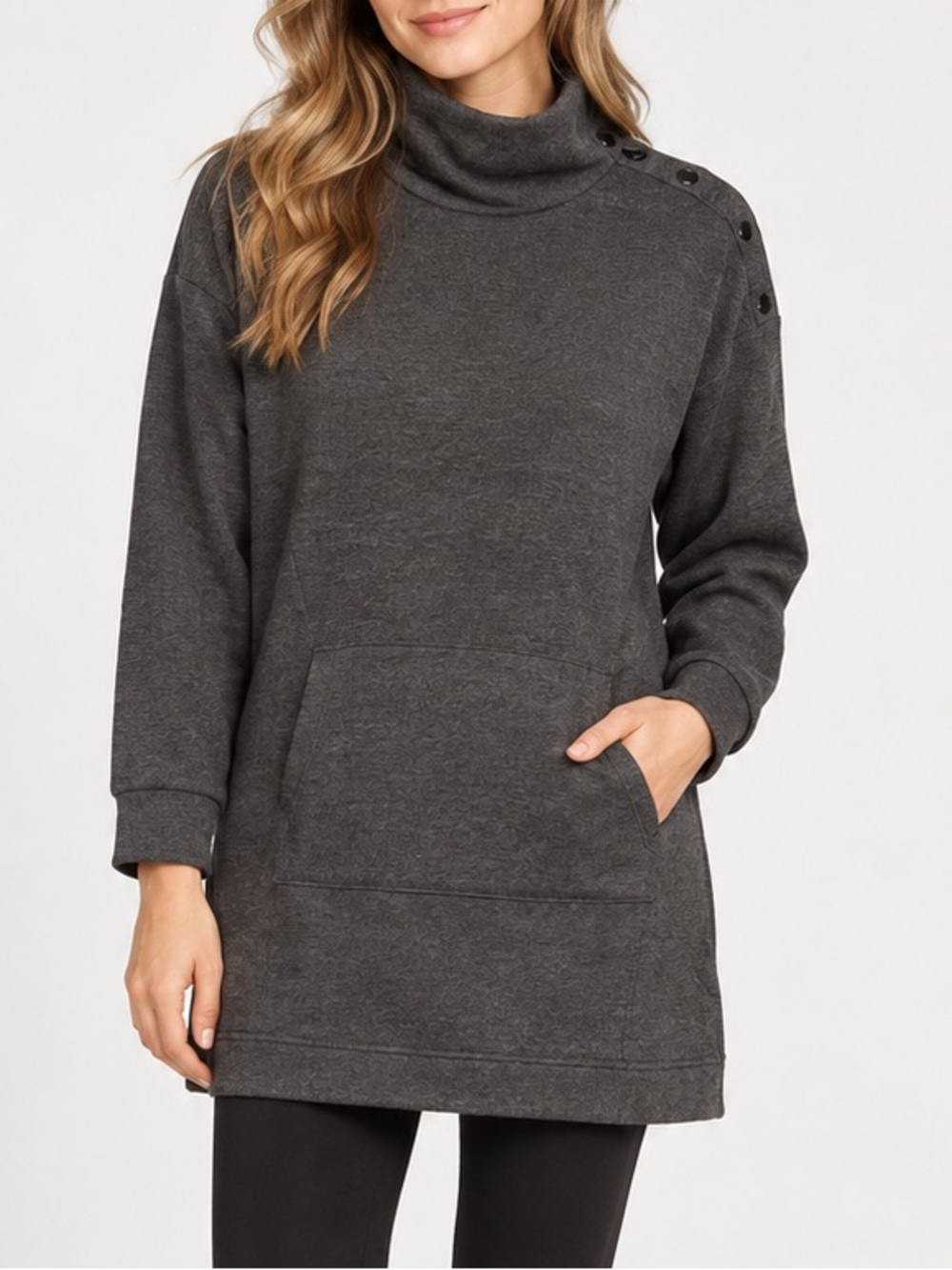 Hyba Charcoal Turtleneck Tunic Snap Shoulder Pocket Top XL